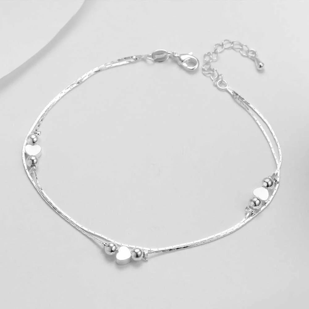 Heart-Shaped 925 Silver Anklet Bracelet – Women's Fashion Jewelry