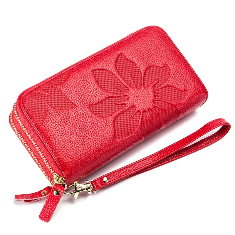 Long Wallet in Genuine Leather Women's Double Zipper Style