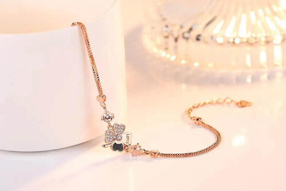 925 Silver CZ Lucky Four Leaf Bracelet Gift for Women Girls