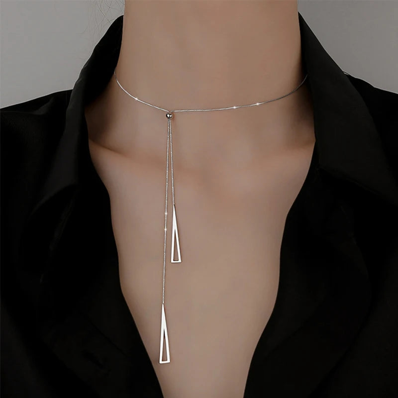 925 Silver Geometric Triangle Necklace for Women, Adjustable