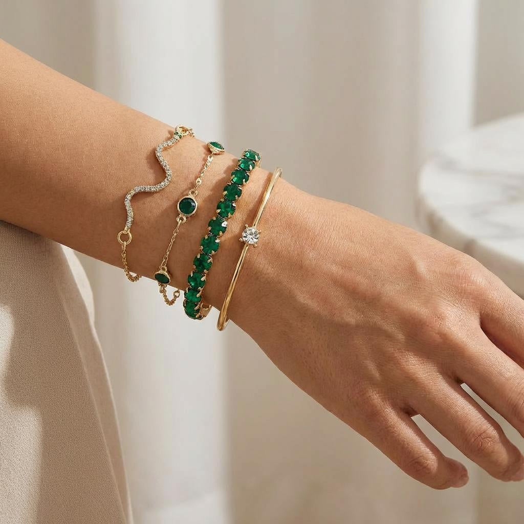 Emerald Crystal Bracelet Set – Geometric Stack (4PCS)
