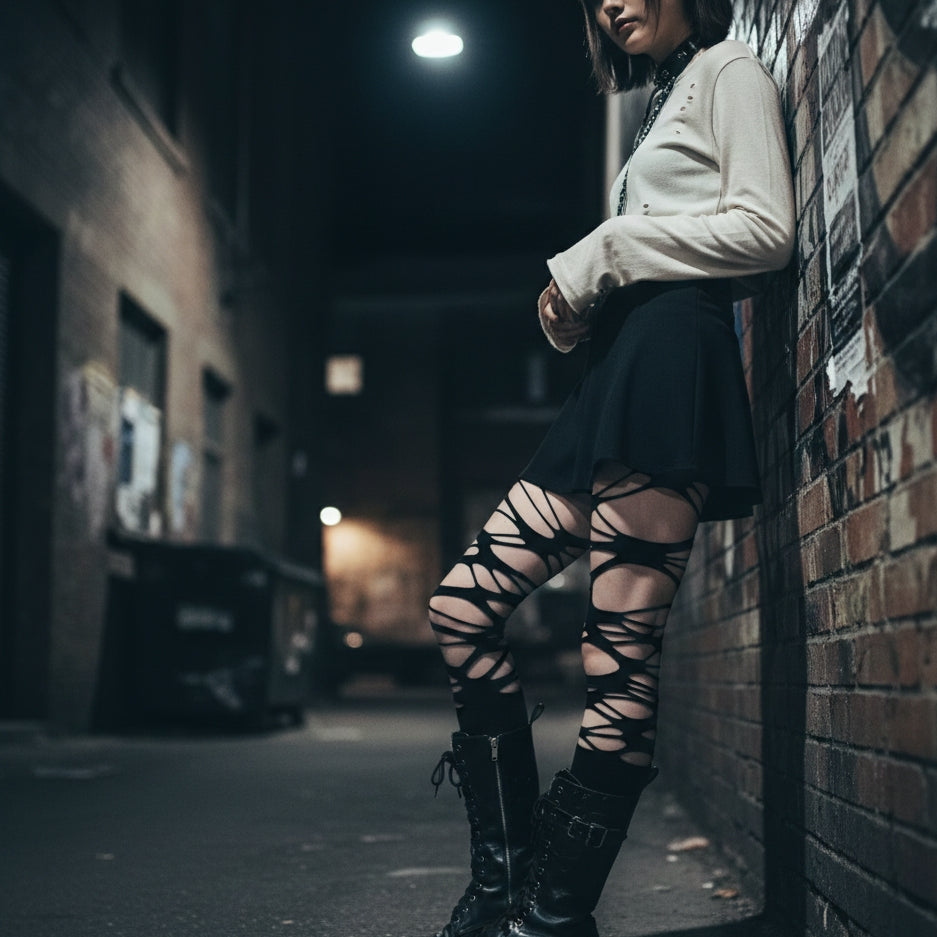 Gothic Black Mesh Tights – Spider-Web Y2K Punk Stockings