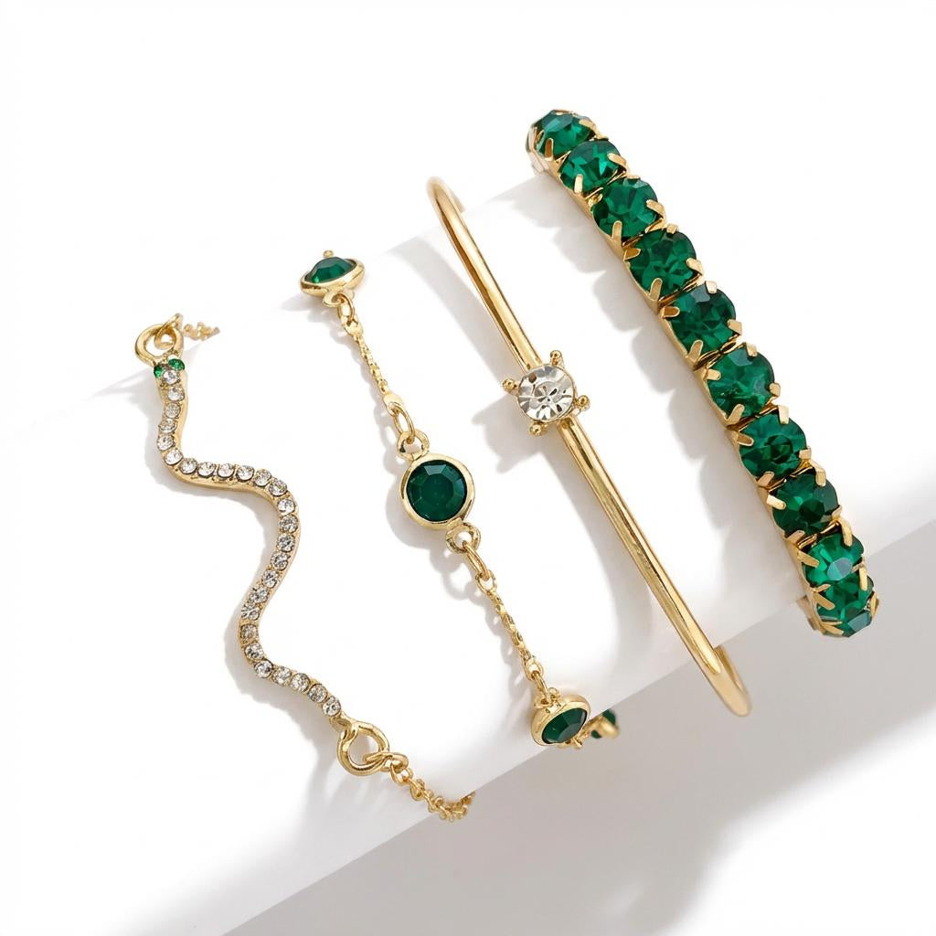 Emerald Crystal Bracelet Set – Geometric Stack (4PCS)