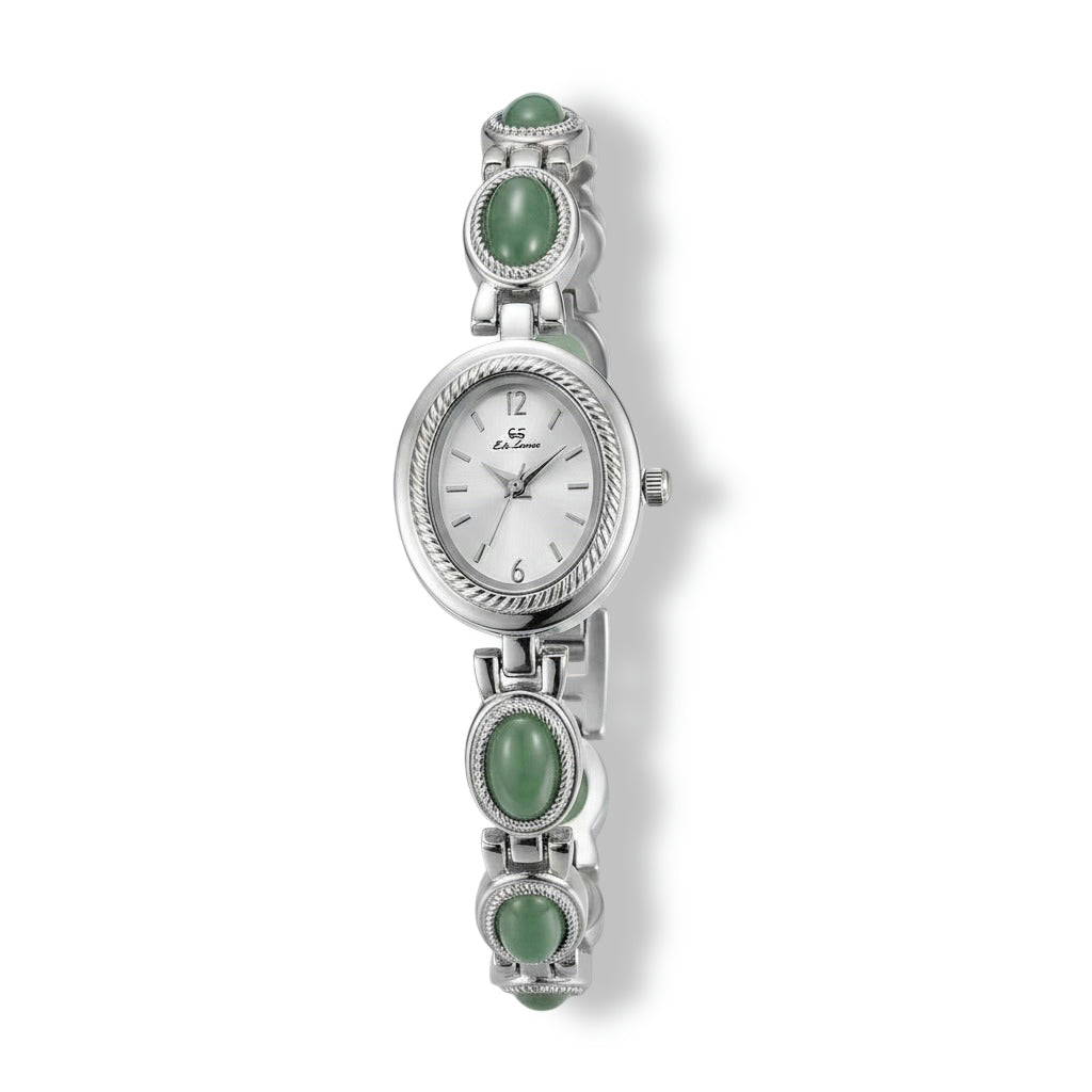 Green Jade Oval Bracelet Watch Elegant Quartz Alloy (Women)