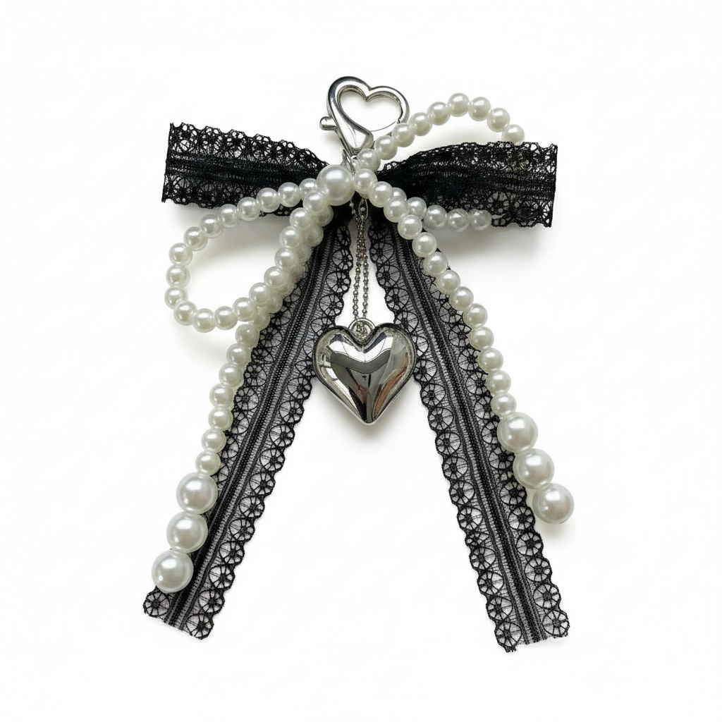 Pearl Bow Keychain – Heart Charm Lace Bag & Car Accessory