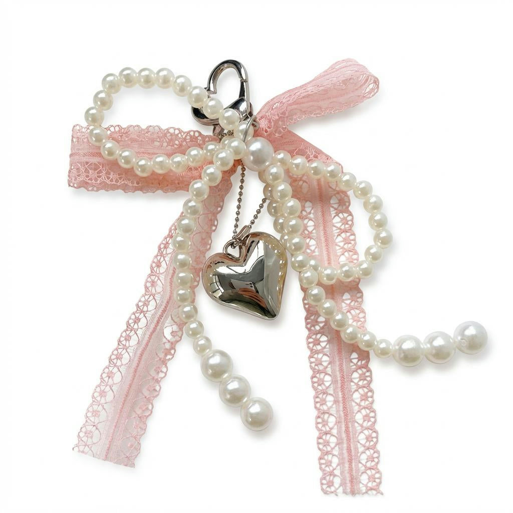 Pearl Bow Keychain – Heart Charm Lace Bag & Car Accessory
