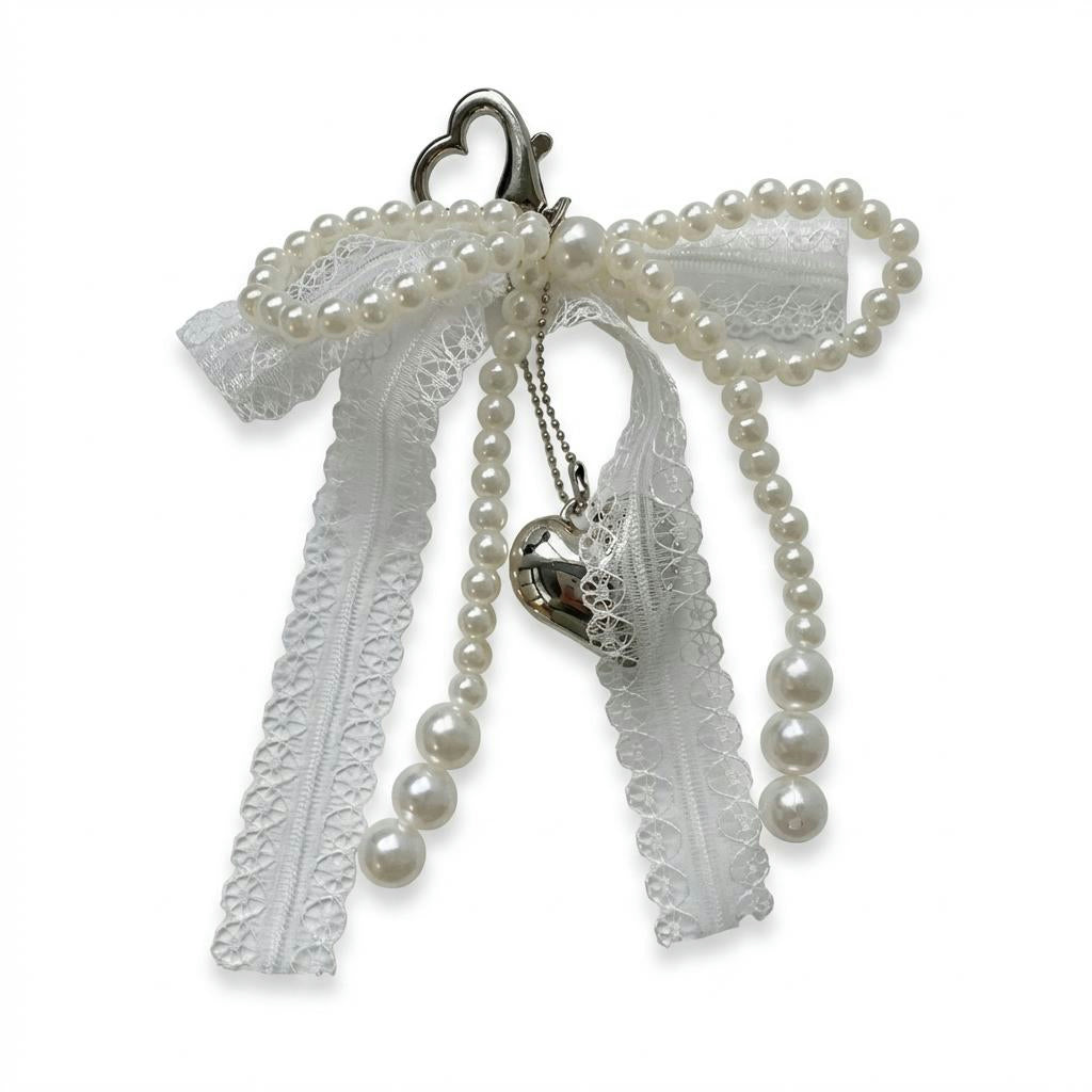 Pearl Bow Keychain – Heart Charm Lace Bag & Car Accessory