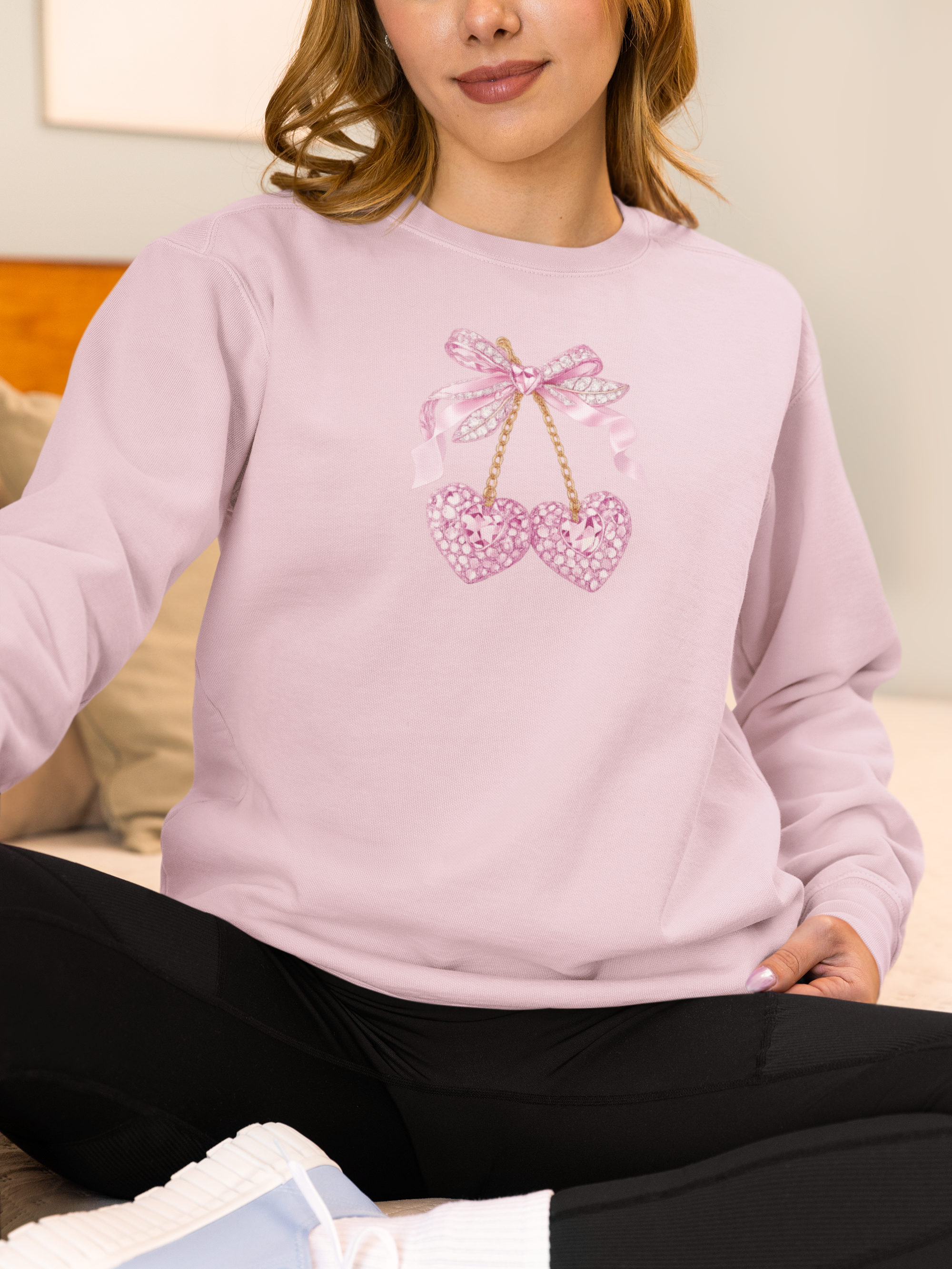Pink Glitter Heart Cherries Crewneck Sweatshirt