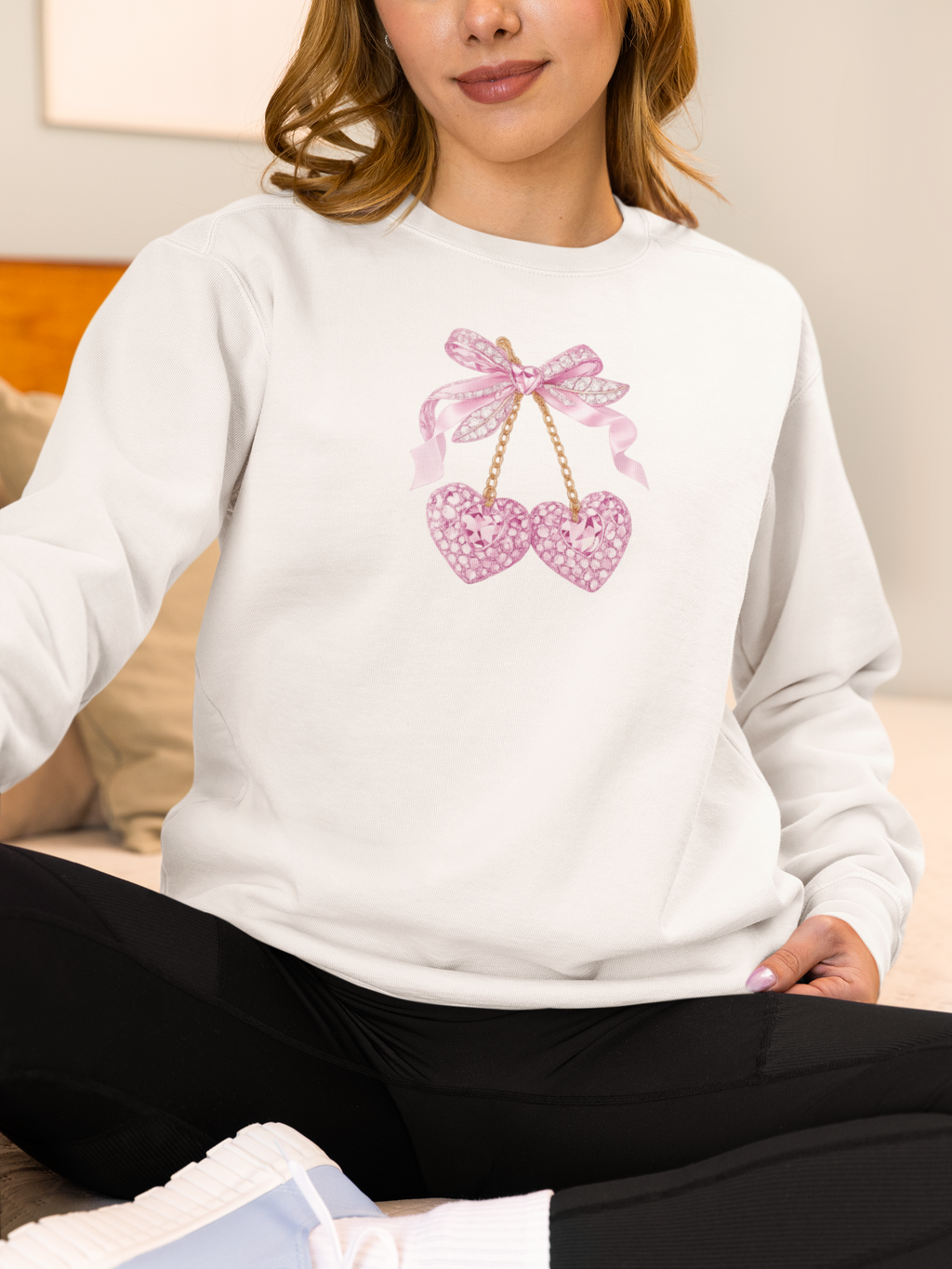 Pink Glitter Heart Cherries Crewneck Sweatshirt