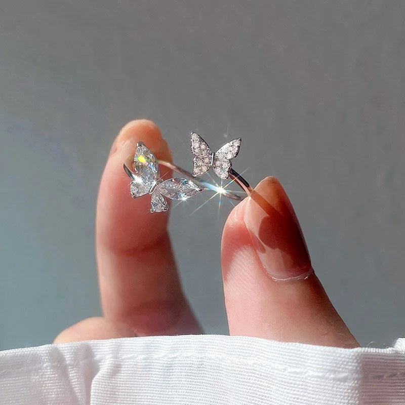 925 Sterling Silver Butterfly Zircon Open Ring - Luxury Jewelry