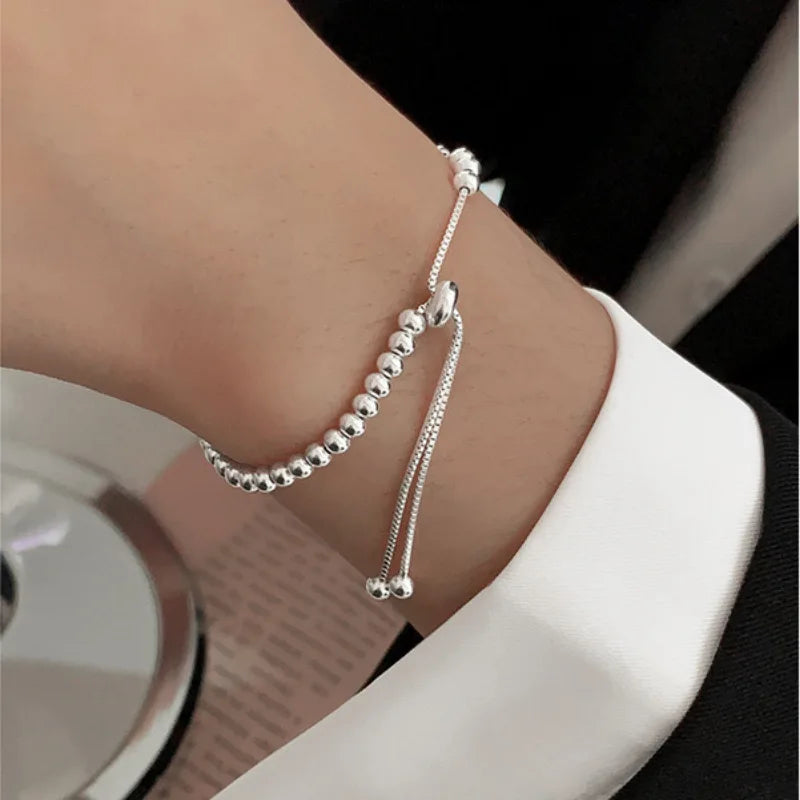 100% Solid 925 Sterling Silver Beaded Adjustable Bracelet