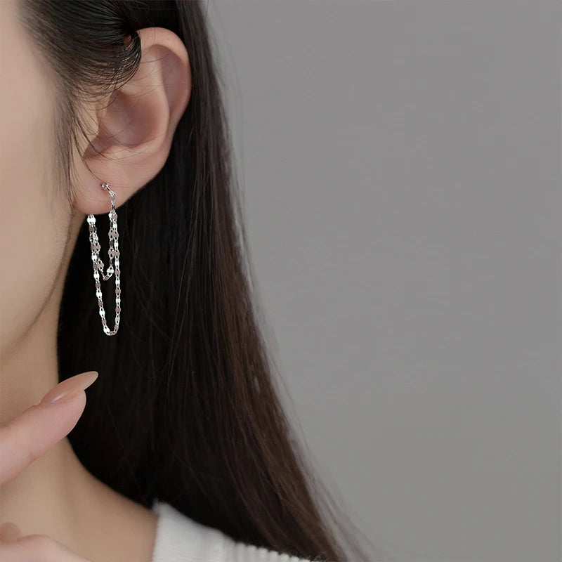 925 Sterling Silver Double Tassel Earrings, Long Sparkling Chains