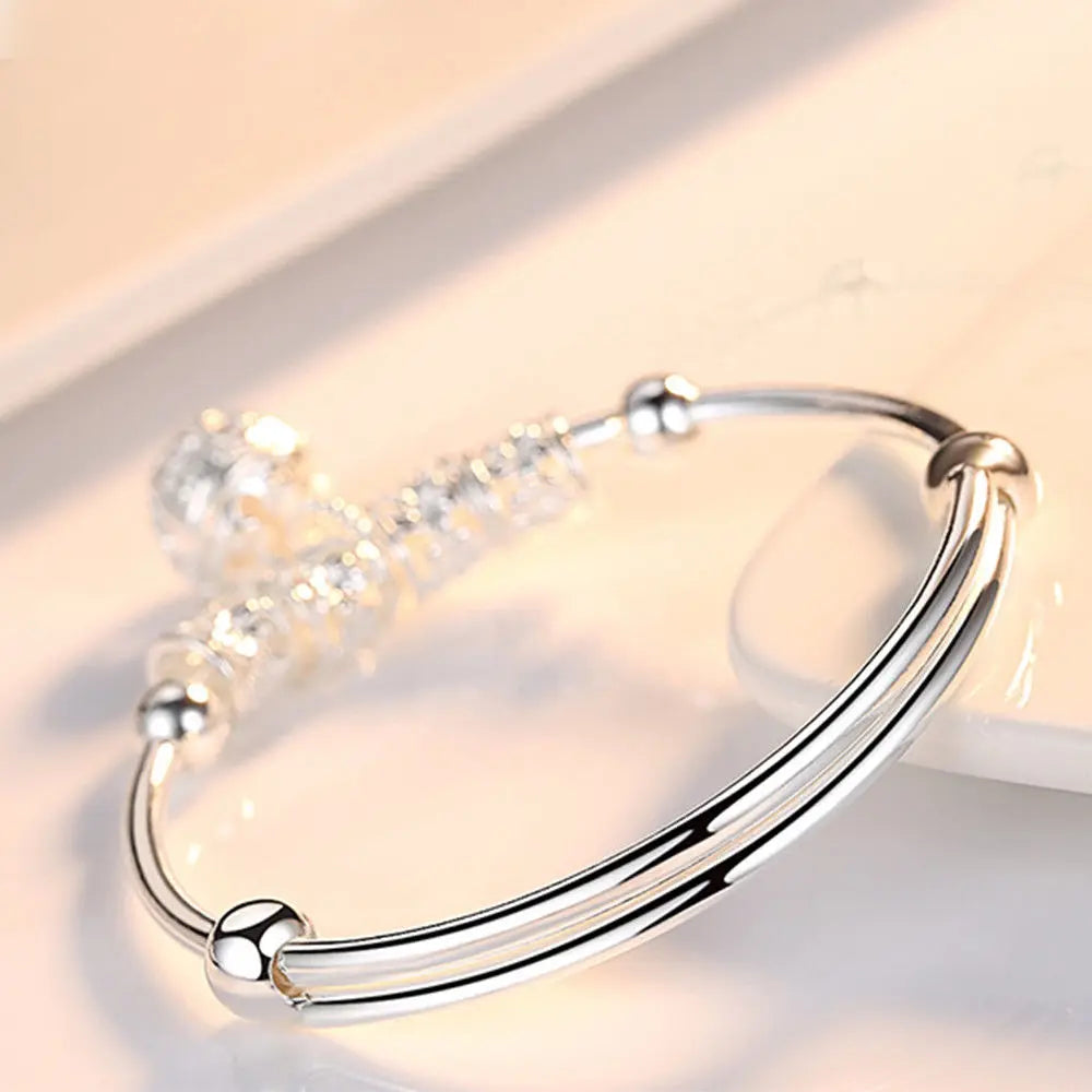 925 Sterling Silver Hollow Bell Ball Adjustable Bangle Bracelet