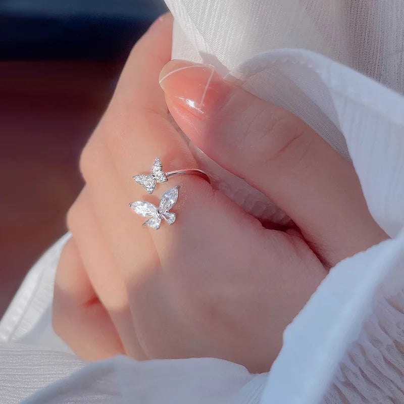 925 Sterling Silver Butterfly Zircon Open Ring - Luxury Jewelry