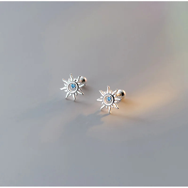 925 Silver Blue Zircon Sun Stud Earrings Women Elegant Jewelry
