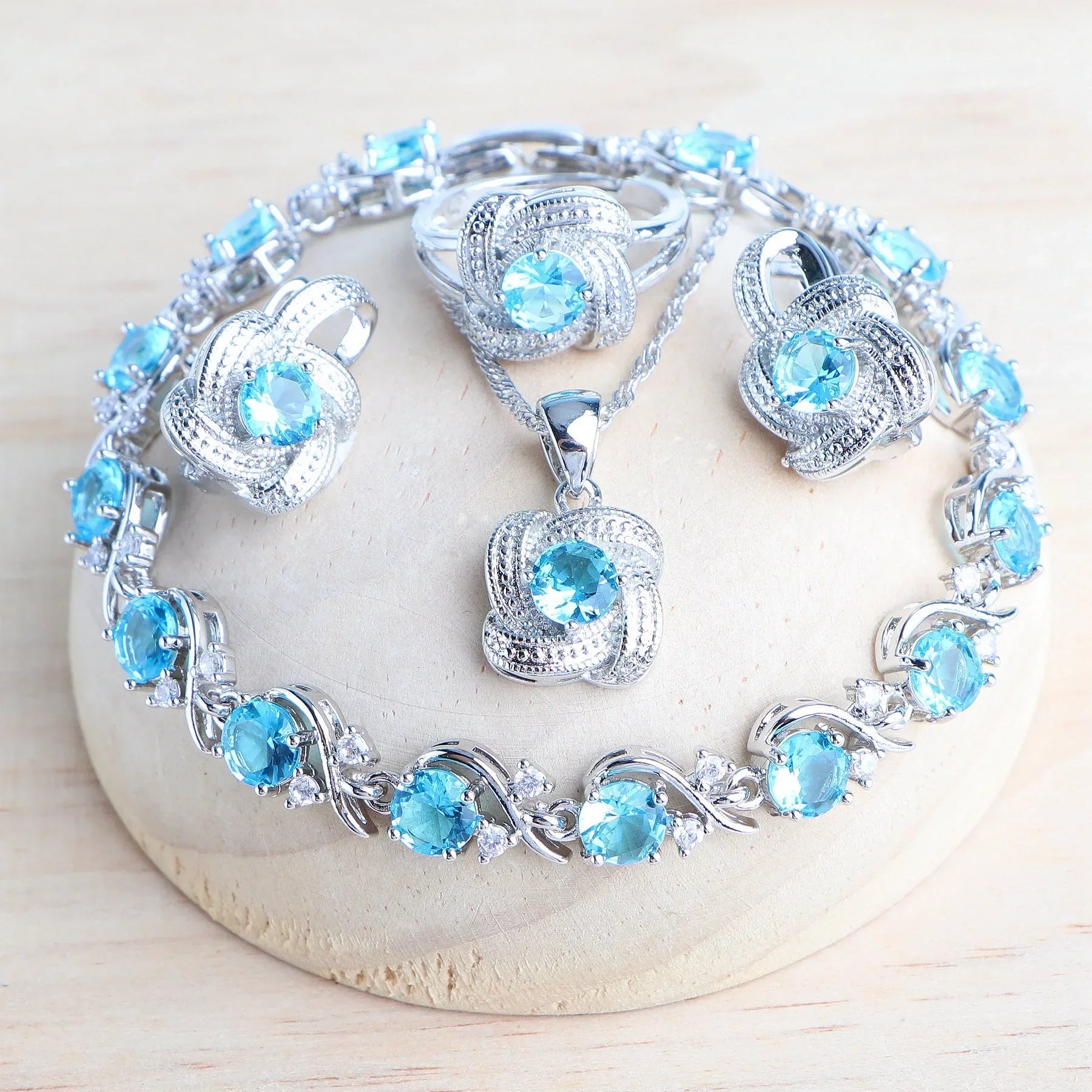 Zirconia Bridal Jewelry Set 925 Silver Earrings Ring Necklace
