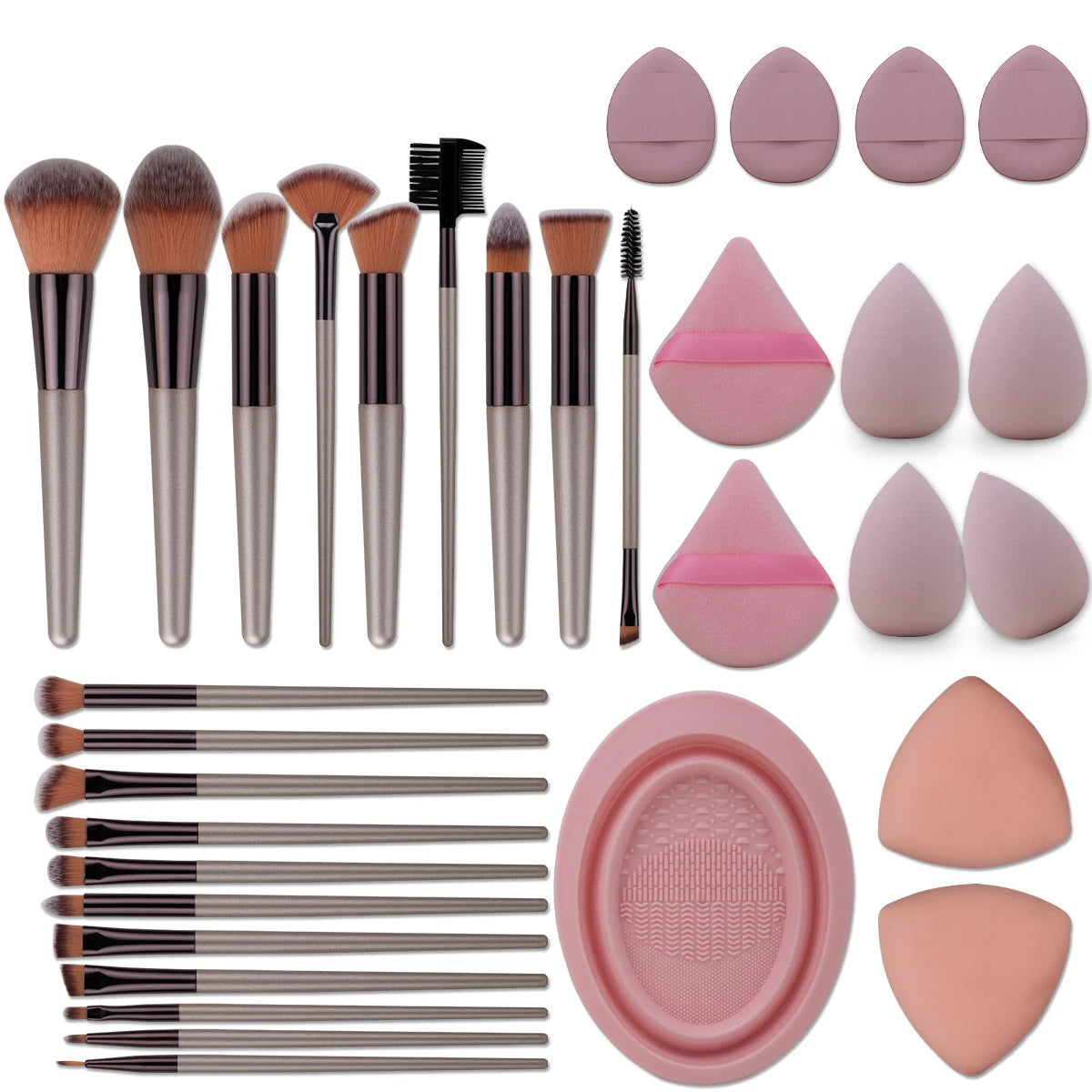 Professional Makeup Tools Set: Brushes, Sponge, Puff, Headband, Bowl