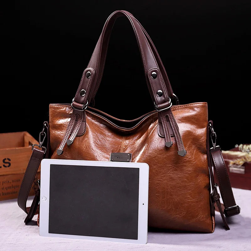 Vintage Soft Leather Tote Bag Women Shoulder Crossbody Handbag