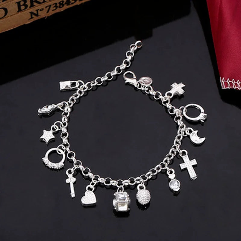 925 Sterling Silver 13Pcs Charm Bracelet & Pendant Gift Jewelry