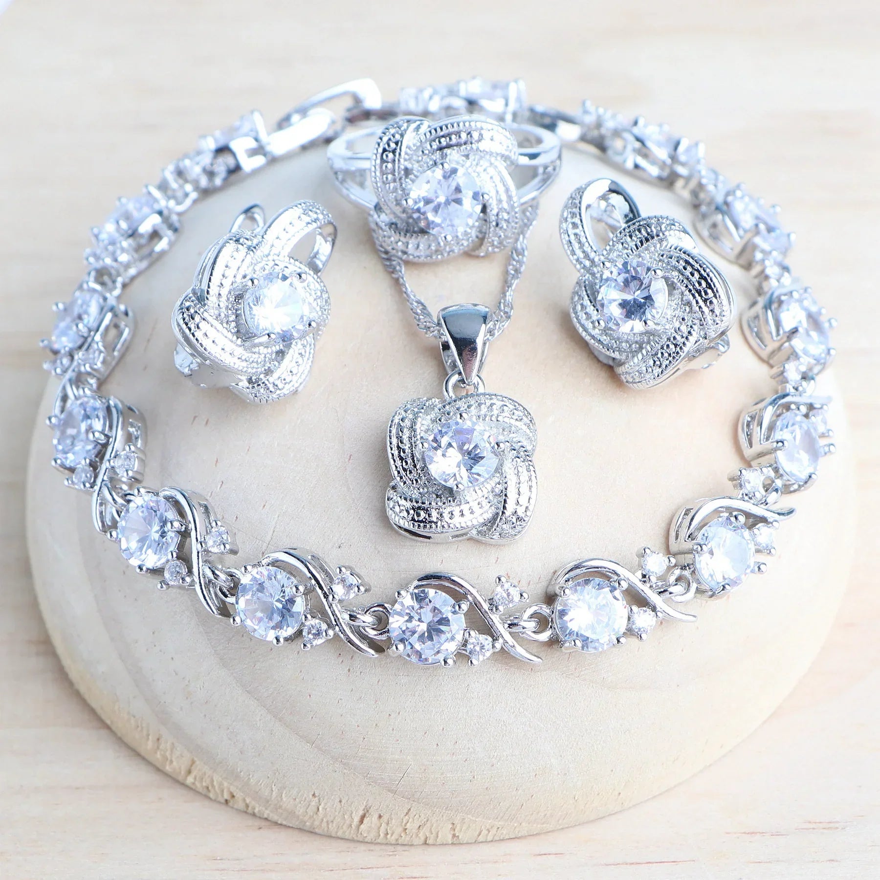 Zirconia Bridal Jewelry Set 925 Silver Earrings Ring Necklace