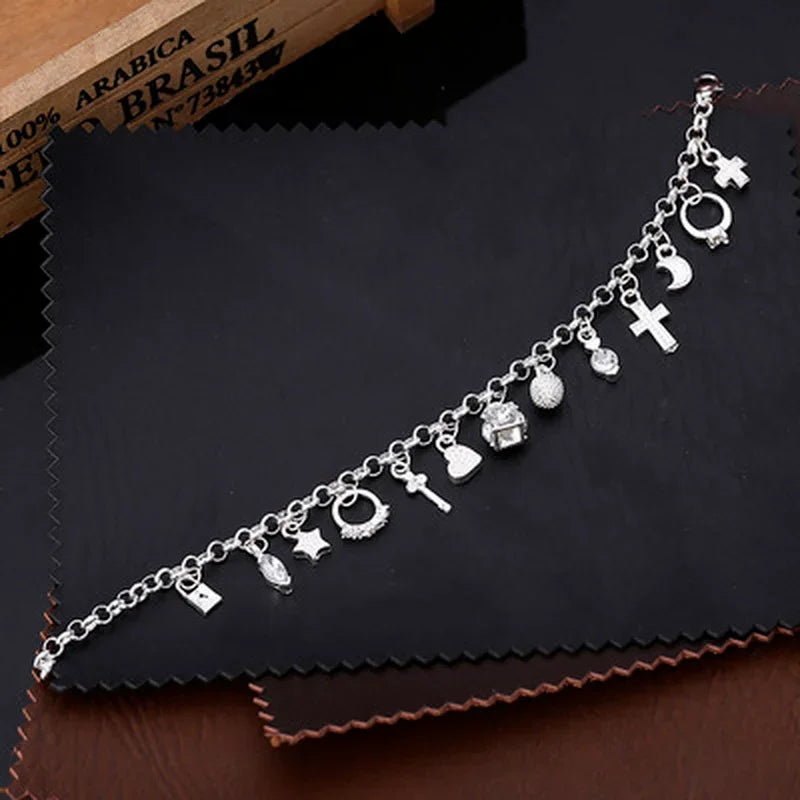 925 Sterling Silver 13Pcs Charm Bracelet & Pendant Gift Jewelry