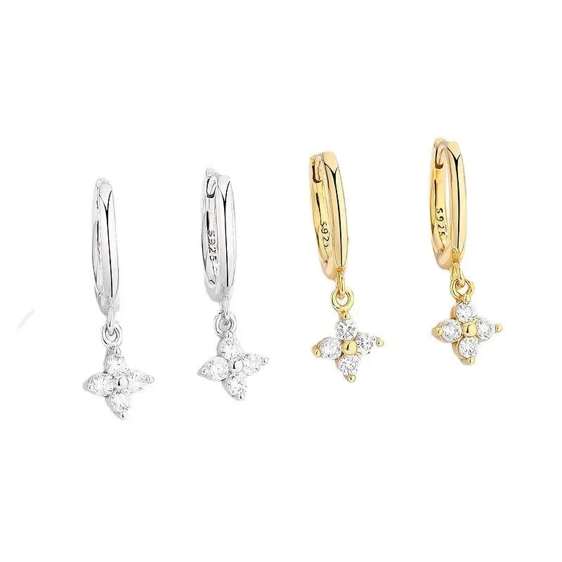 925 Silver Zircon Four Leaf Hoop Earrings for Women Girls