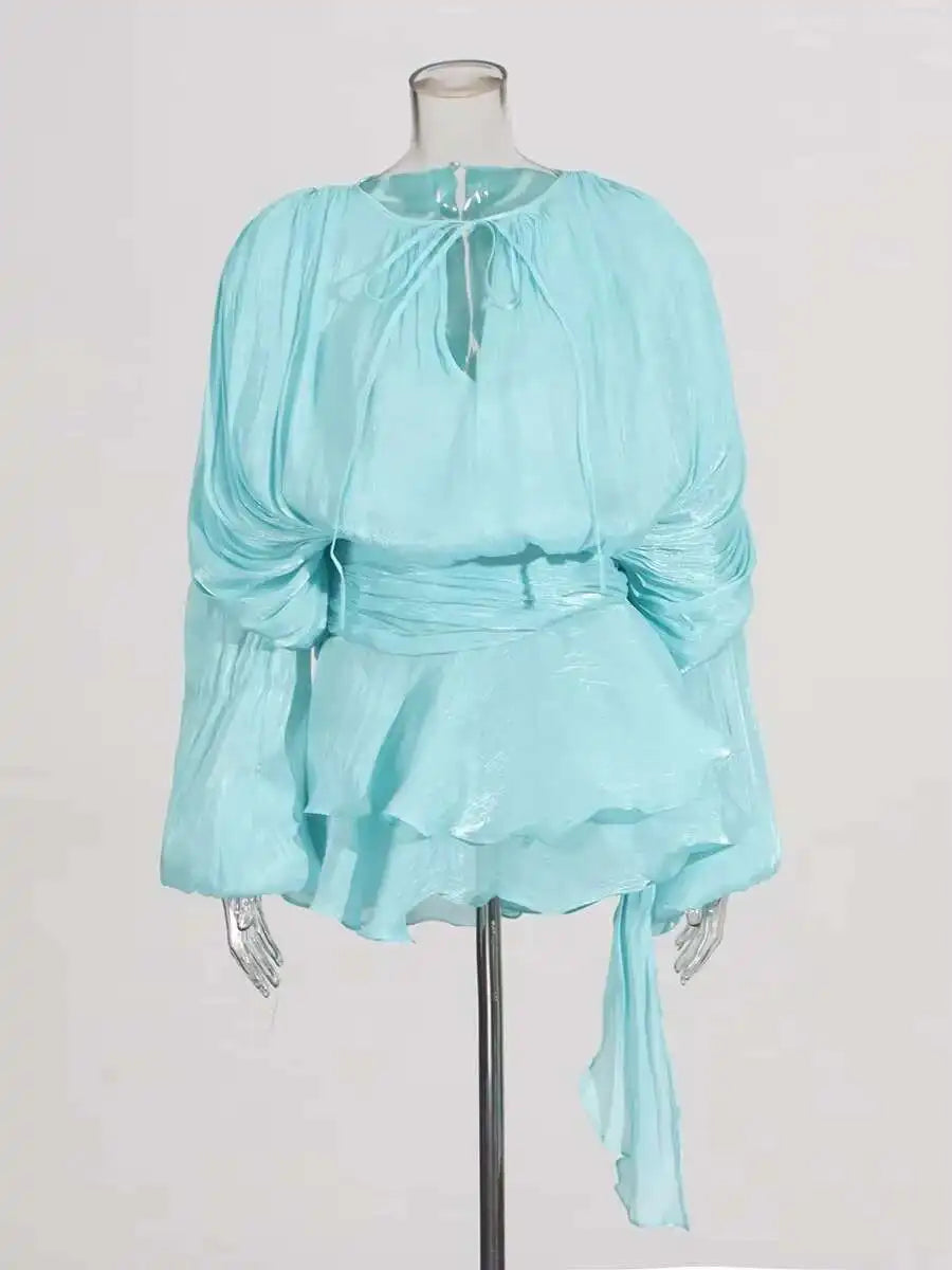 V-Neck Tie Mini Dress – Flowy Draped Sleeves & Woven Polyester