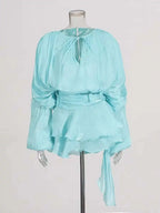 V-Neck Tie Mini Dress – Flowy Draped Sleeves & Woven Polyester