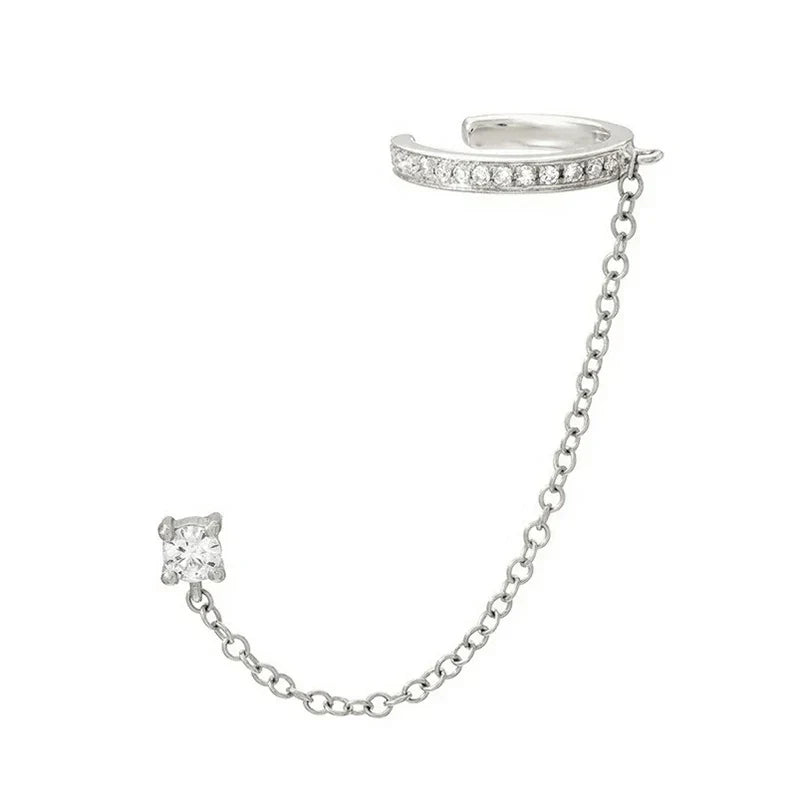 925 Sterling Silver CZ Ear Cuff Chain Tassel Stud Earrings
