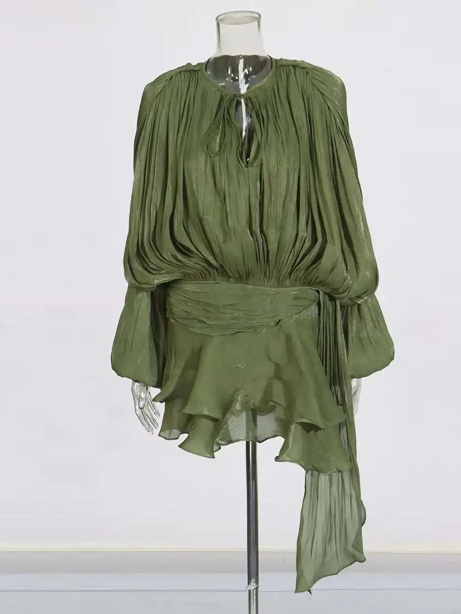 V-Neck Tie Mini Dress – Flowy Draped Sleeves & Woven Polyester