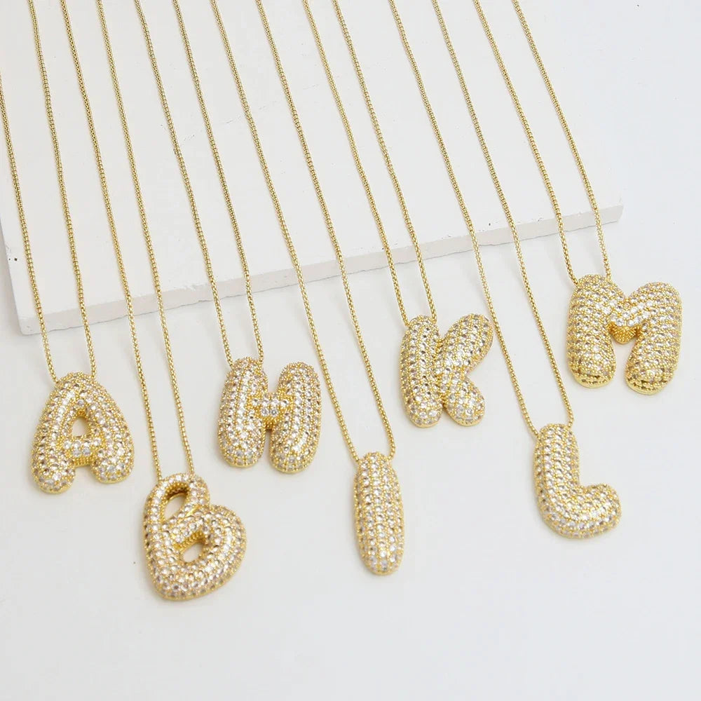 Gold Bubble Letter Necklace A-Z, Sparkly Zircon Initial Pendant
