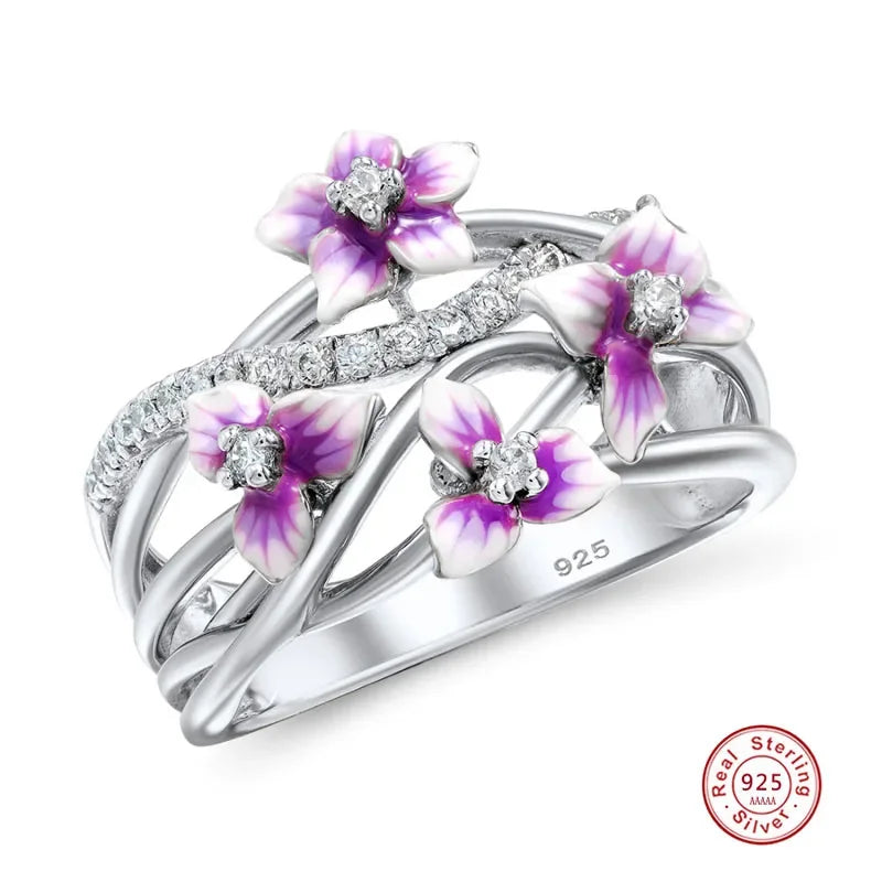 925 Sterling Silver Stackable Violet Drop Zircon Daisy Ring