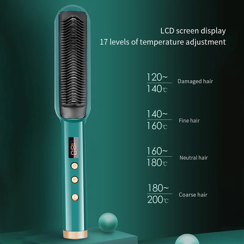 Ionic Hair Straightener Brush with LCD Display & Anti-Scald Comb