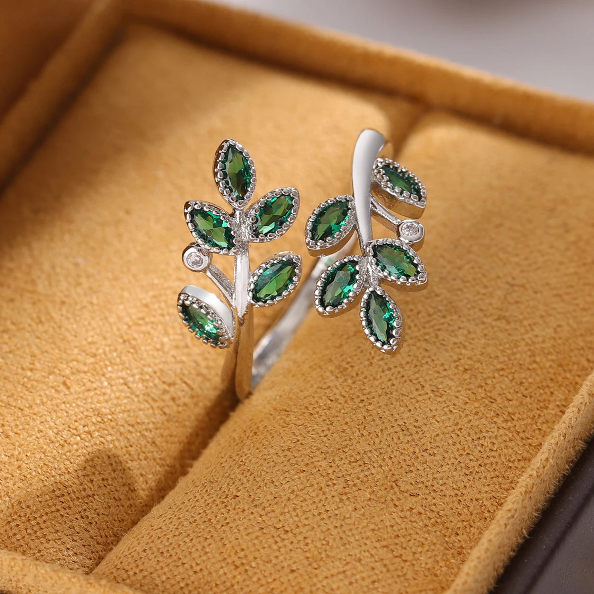 Green Crystal Sterling Silver Adjustable Leaf Ring