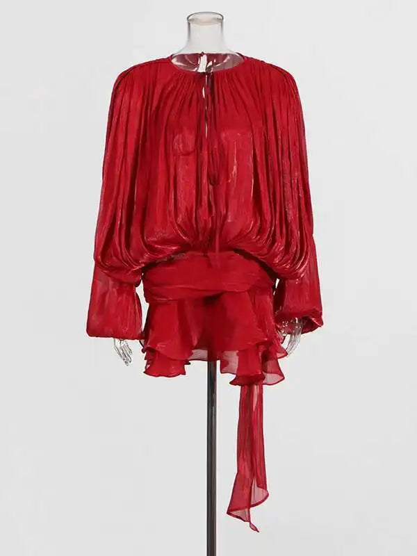 V-Neck Tie Mini Dress – Flowy Draped Sleeves & Woven Polyester