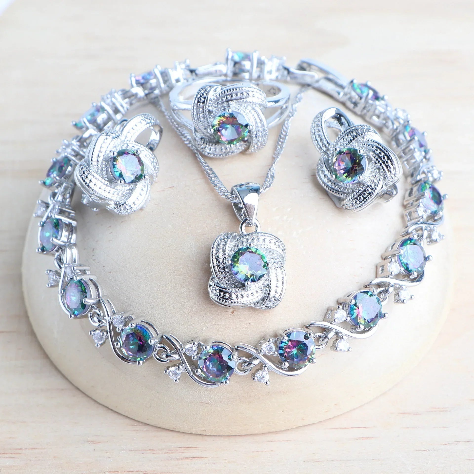 Zirconia Bridal Jewelry Set 925 Silver Earrings Ring Necklace