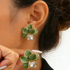 Green Enamel Multi-Layers Flower Stud Earrings for Women Sweet Korean Fashion Small Earrings Rhinestone Luxury Wedding Jewelry