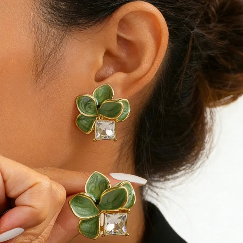 Green Enamel Multi-Layers Flower Stud Earrings for Women Sweet Korean Fashion Small Earrings Rhinestone Luxury Wedding Jewelry