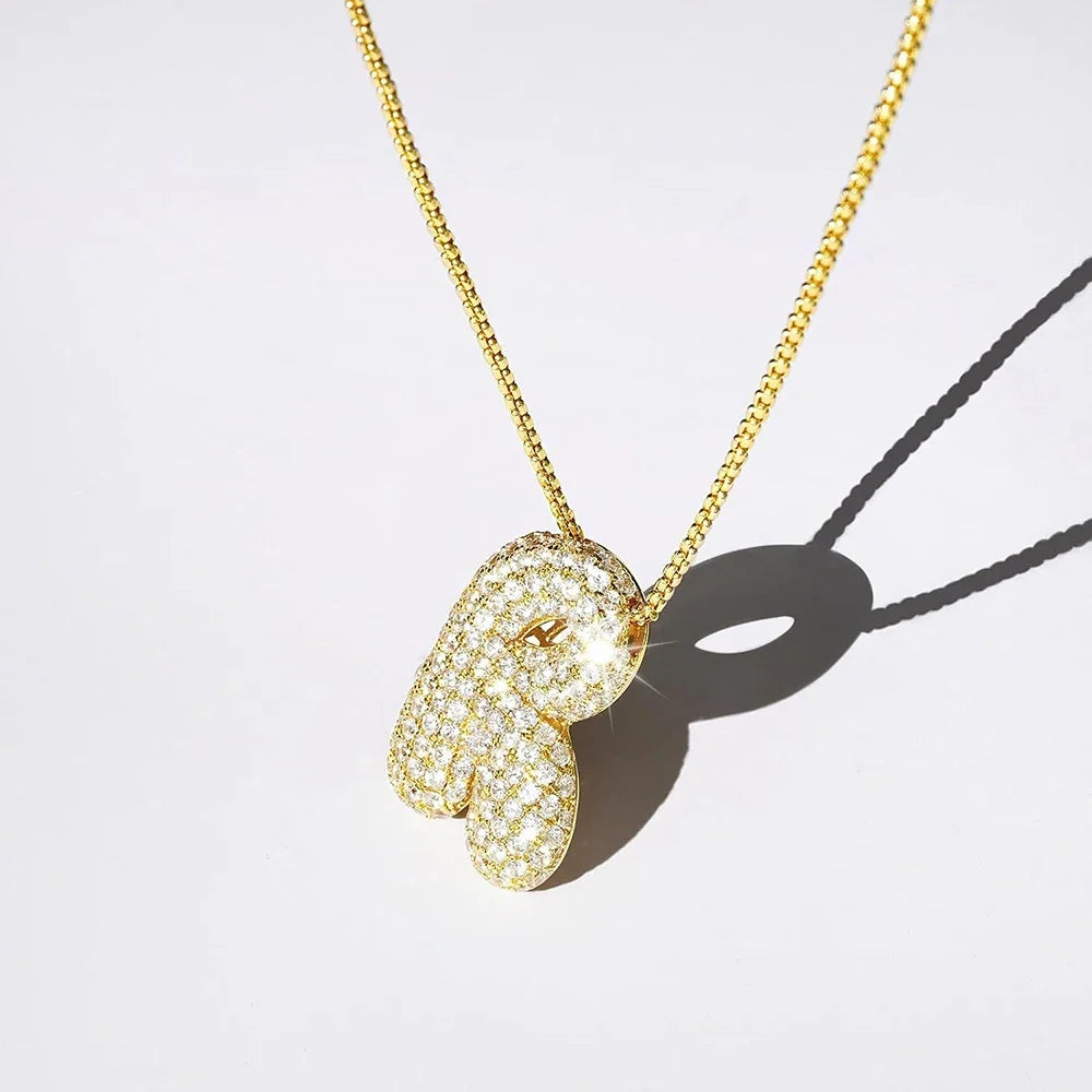 Gold Bubble Letter Necklace A-Z, Sparkly Zircon Initial Pendant