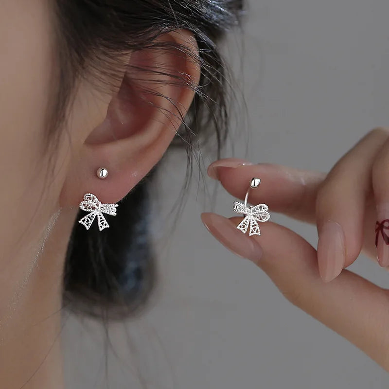 925 Silver Lace Heart Bow Stud Earrings for Women Jewelry