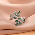 Green Crystal Sterling Silver Adjustable Leaf Ring