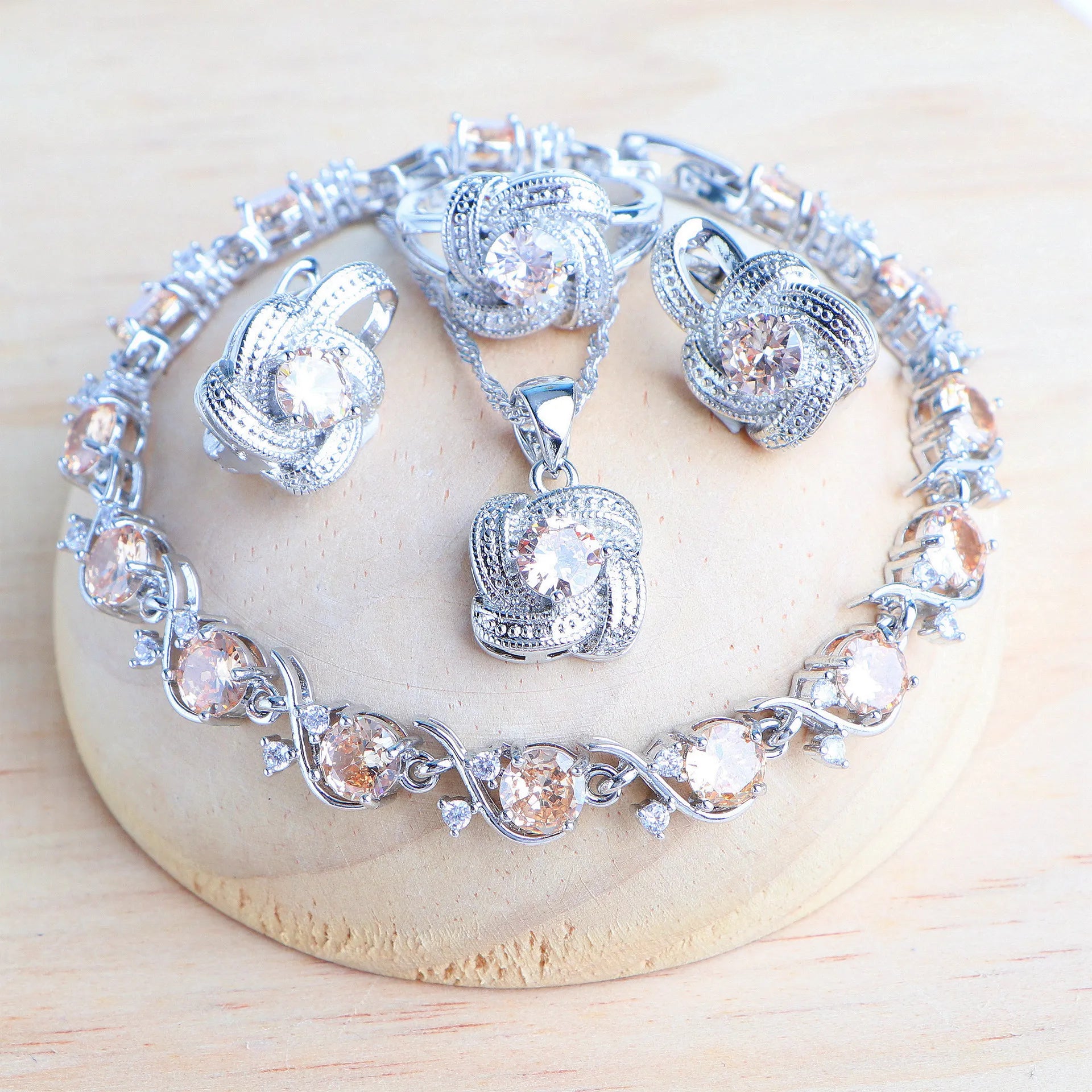 Zirconia Bridal Jewelry Set 925 Silver Earrings Ring Necklace