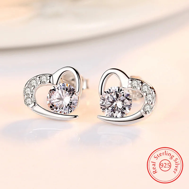 925 Sterling Silver Crystal Heart Stud Earrings for Women