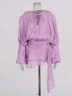 V-Neck Tie Mini Dress – Flowy Draped Sleeves & Woven Polyester