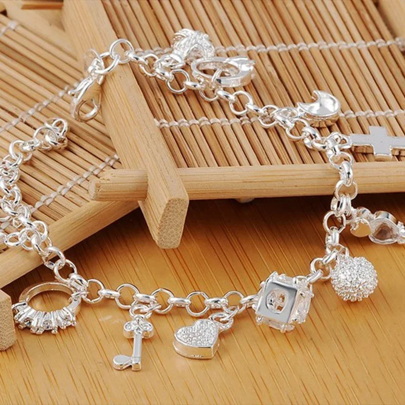925 Sterling Silver 13Pcs Charm Bracelet & Pendant Gift Jewelry