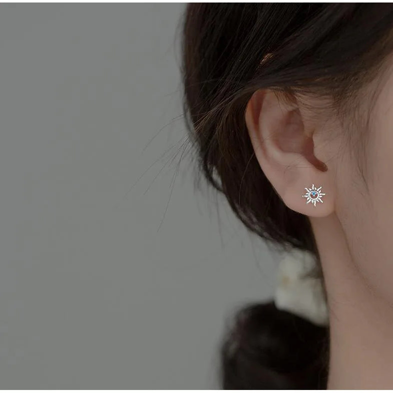 925 Silver Blue Zircon Sun Stud Earrings Women Elegant Jewelry