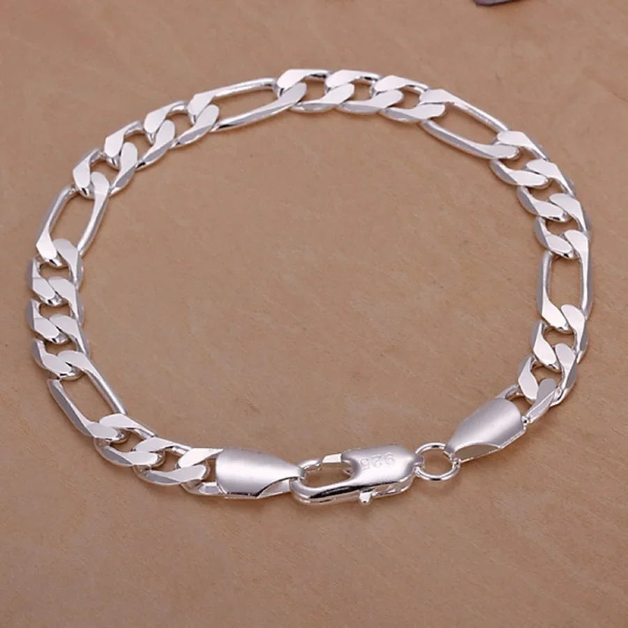 925 Sterling Silver Figaro Bracelet 6-8mm Chain Jewelry 20cm