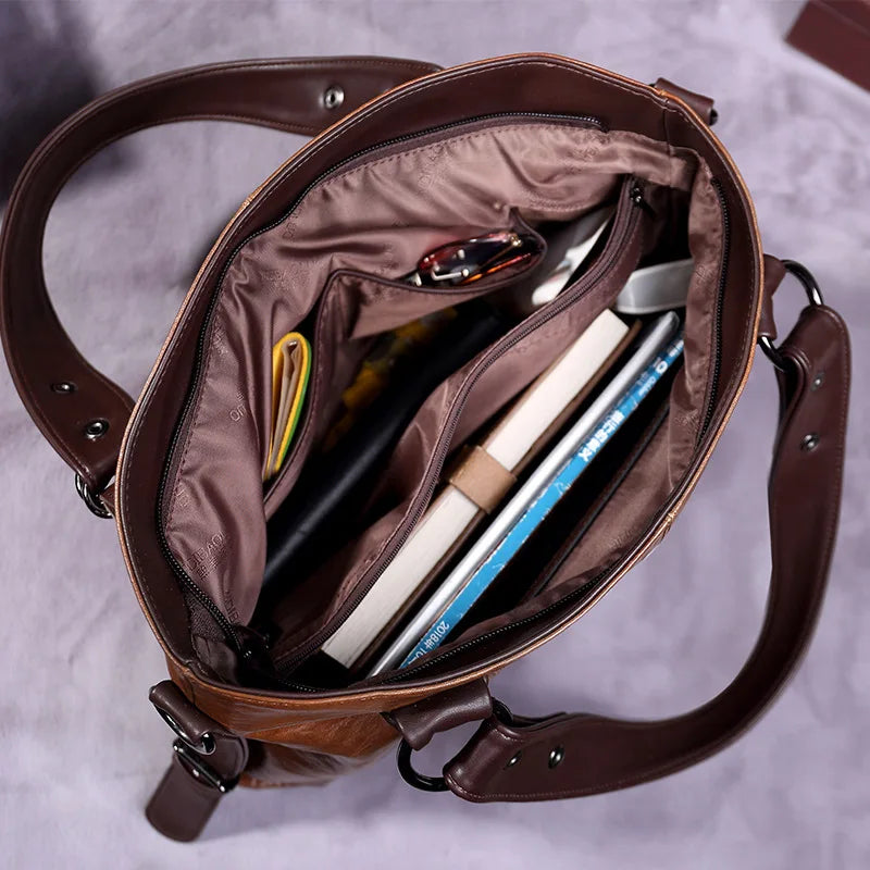 Vintage Soft Leather Tote Bag Women Shoulder Crossbody Handbag