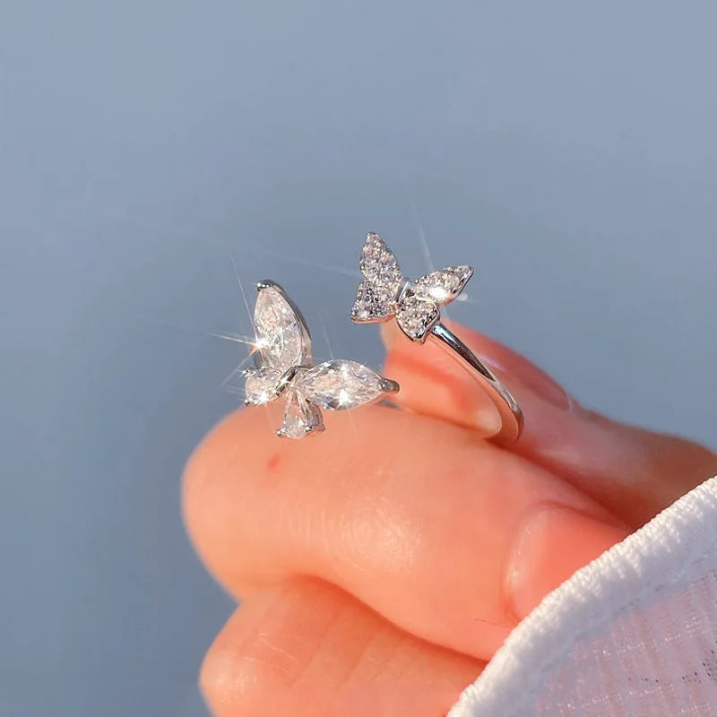 925 Sterling Silver Butterfly Zircon Open Ring - Luxury Jewelry