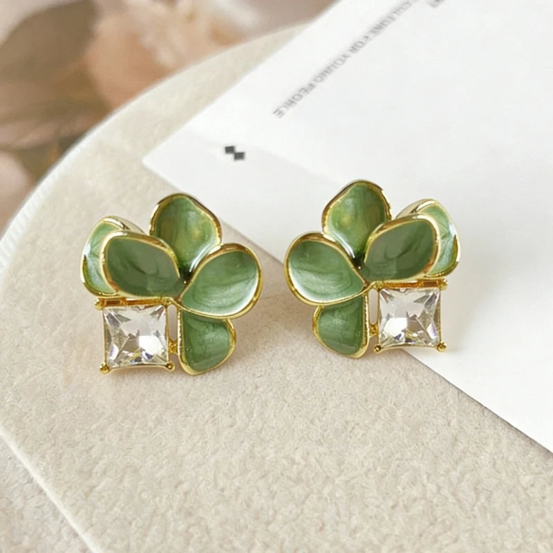 Green Enamel Multi-Layers Flower Stud Earrings for Women Sweet Korean Fashion Small Earrings Rhinestone Luxury Wedding Jewelry